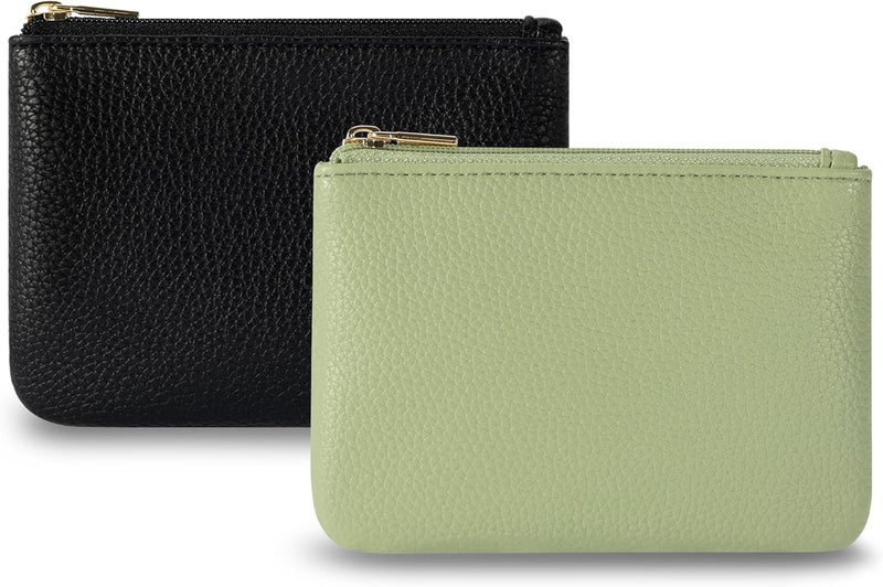 Chelmon PU Leather Coin Purse Pouch Change Holder Small With Zipper for Men Women 2 PCS Set (Black&Light Green) - Image 1